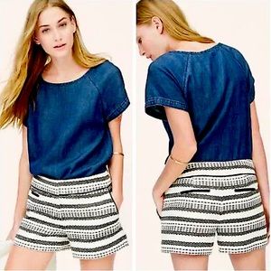 Ann Taylor Navy Denim Top with Black and White Striped Shorts